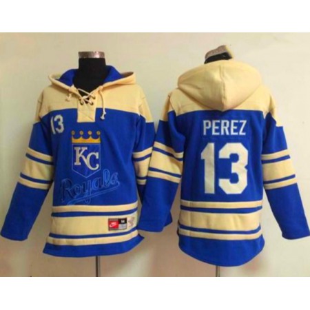 Men's Kansas City Royals #13 Salvador Perez Ageless Must-Have Lace-Up Pullover Hoodie