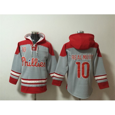 Men's Philadelphia Phillies #10 J.T. Realmuto Grey/Red Ageless Must-Have Lace-Up Pullover Hoodie