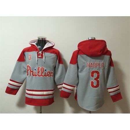 Men's Philadelphia Phillies #3 Bryce Harper Grey/Red Ageless Must-Have Lace-Up Pullover Hoodie