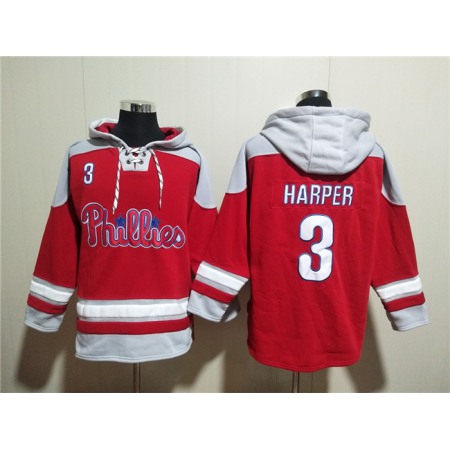 Men's Philadelphia Phillies #3 Bryce Harper Red Ageless Must-Have Lace-Up Pullover Hoodie