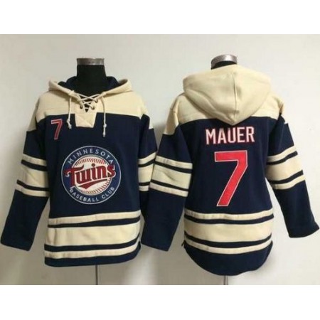 Twins #7 Joe Mauer Navy Blue Sawyer Hooded Sweatshirt MLB Hoodie