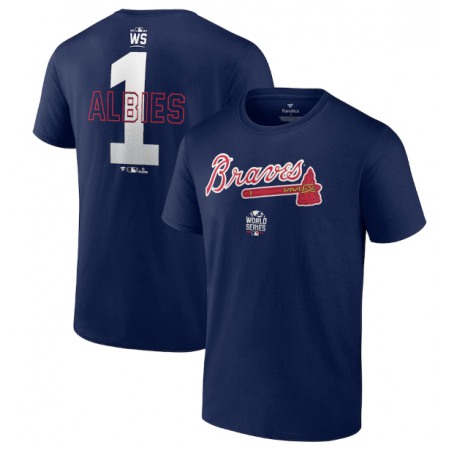 Men's Atlanta Braves #1 Ozzie Albies 2021 Navy World Series Bound Closer Name & Number T-Shirt