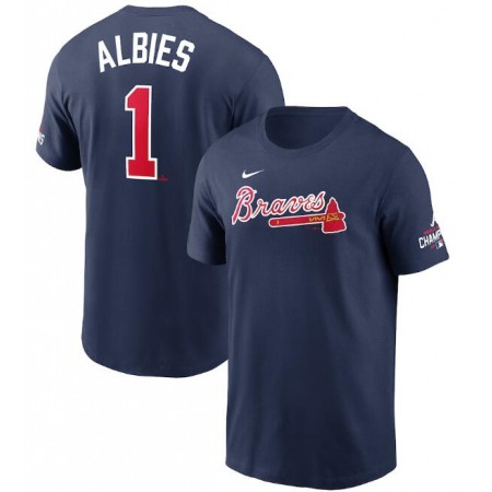 Men's Atlanta Braves #1 Ozzie Albies 2021 Navy World Series Champions Player Name & Number T-Shirt