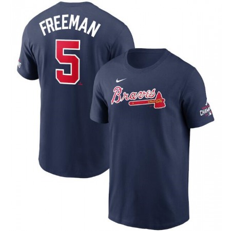 Men's Atlanta Braves #5 Freddie Freeman 2021 Navy World Series Champions Player Name & Number T-Shirt