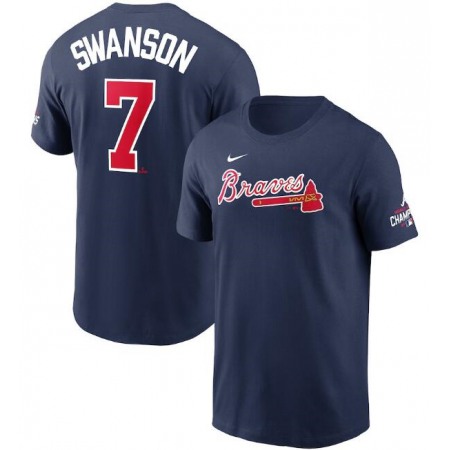 Men's Atlanta Braves #7 Dansby Swanson 2021 Navy World Series Champions Player Name & Number T-Shirt