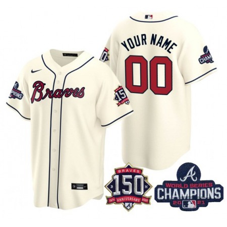 Men's Atlanta Braves ACTIVE Player Custom 2021 Cream World Series Chimpions With 150th Anniversary Cool Base Stitched Jersey