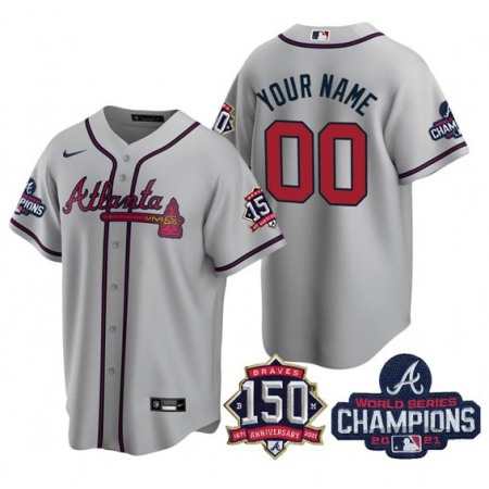 Men's Atlanta Braves Customized 2021 Grey World Series Champions With 150th Anniversary Cool Base Stitched Jersey