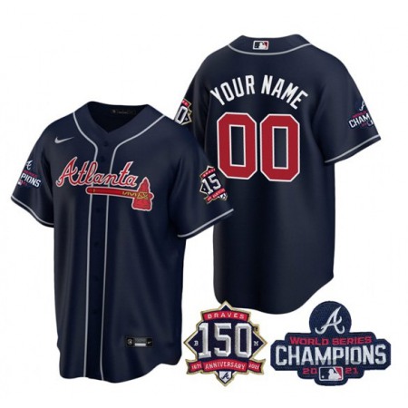 Men's Atlanta Braves Customized 2021 Navy World Series Champions With 150th Anniversary Cool Base Stitched Jersey