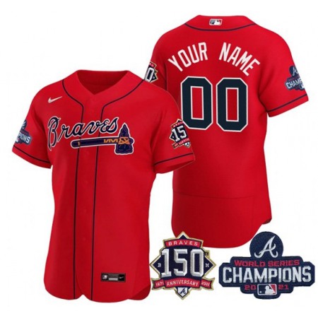 Men's Atlanta Braves Customized 2021 Red World Series Champions With 150th Anniversary Flex Base Stitched Jersey