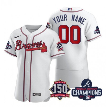 Men's Atlanta Braves Customized 2021 White World Series Champions With 150th Anniversary Flex Base Stitched Jersey