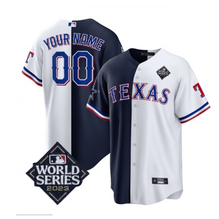 Men's Texas Rangers & Cowboys ACTIVE Player Custom Navy/White Splite 2023 World Series Splite Stitched Baseball Jersey