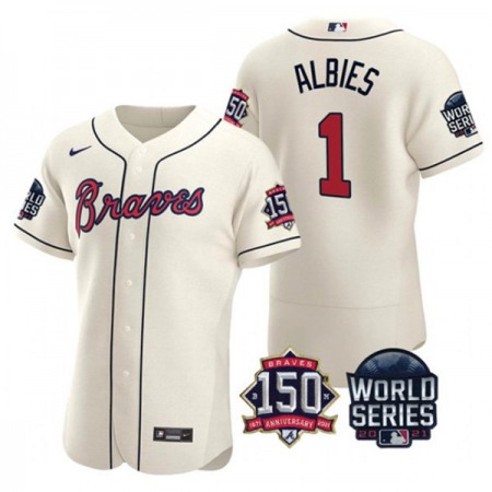 Men's Atlanta Braves #1 Ozzie Albies 2021 Cream World Series With 150th Anniversary Patch Stitched Baseball Jersey
