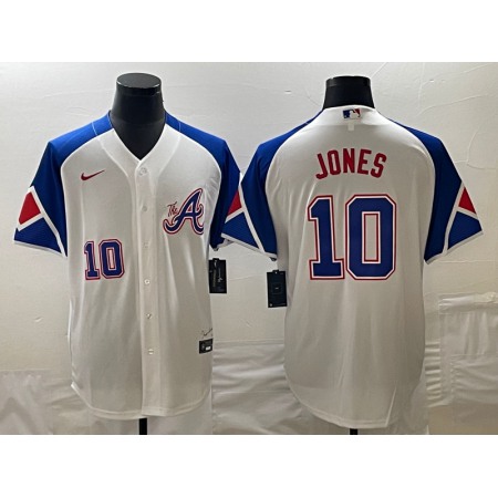 Men's Atlanta Braves #10 Chipper Jones White 2023 City Connect Cool Base With Patch Stitched Baseball Jersey