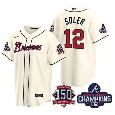Men's Atlanta Braves #12 Jorge Soler 2021 Cream World Series Champions With 150th Anniversary Patch Cool Base Stitched Jersey