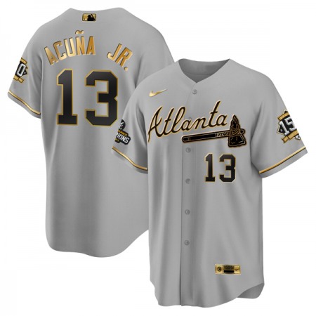 Men's Atlanta Braves #13 Ronald Acuna Jr. 2021 Grey/Gold World Series Champions With 150th Anniversary Patch Cool Base Stitched Jersey