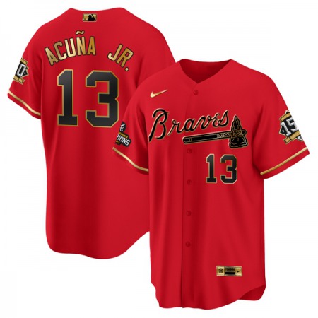 Men's Atlanta Braves #13 Ronald Acuna Jr. 2021 Red/Gold World Series Champions With 150th Anniversary Patch Cool Base Stitched Jersey