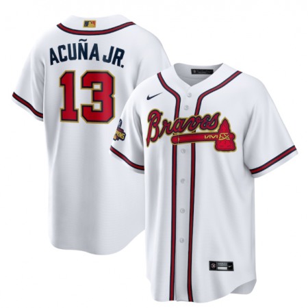 Men's Atlanta Braves #13 Ronald Acuna Jr. 2022 White/Gold World Series Champions Program Cool Base Stitched Baseball Jersey