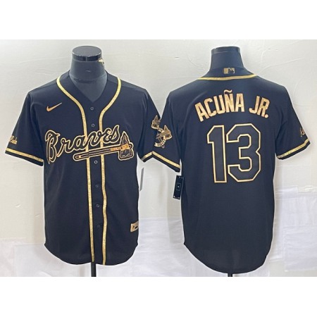 Men's Atlanta Braves #13 Ronald Acuna Jr. Black Gold Cool Base Stitched Baseball Jersey