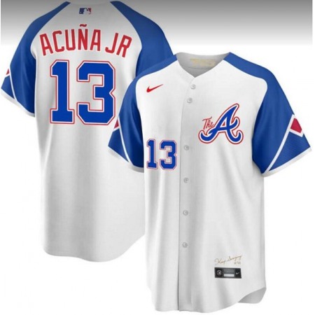 Men's Atlanta Braves #13 Ronald Acuna Jr. White 2023 City Connect Cool Base With Patch Stitched Baseball Jersey