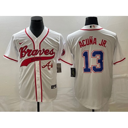 Men's Atlanta Braves #13 Ronald Acuna Jr. White Cool Base With Patch Stitched Baseball Jersey