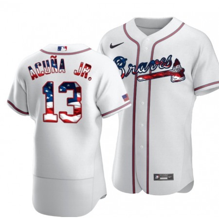 Men's Atlanta Braves #13 Ronald Acuna Jr White 2020 Stars & Stripes Flex Base Stitched Jersey