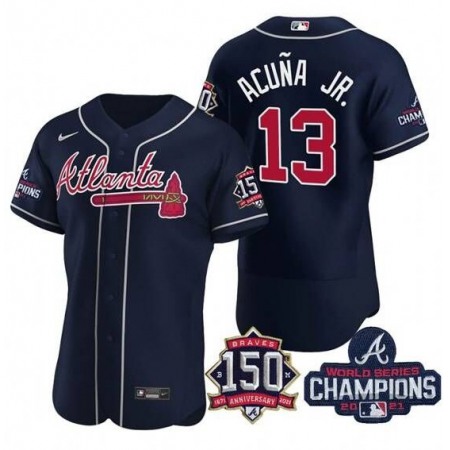 Men's Atlanta Braves #13 Ronald Acuna Jr. 2021 Navy World Series Champions With 150th Anniversary Flex Base Stitched Jersey