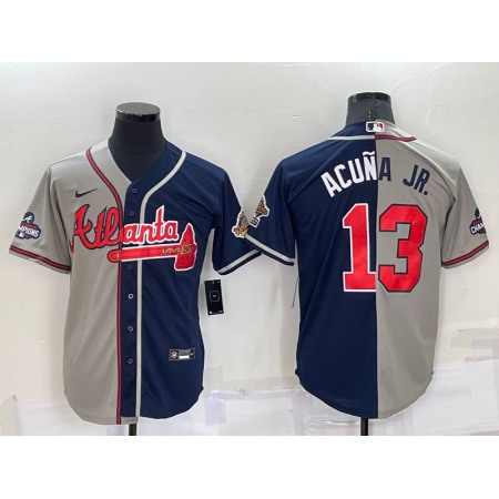Men's Atlanta Braves #13 Ronald Acuna Jr. Gray Navy Two Tone Split Cool Base Stitched Baseball Jersey
