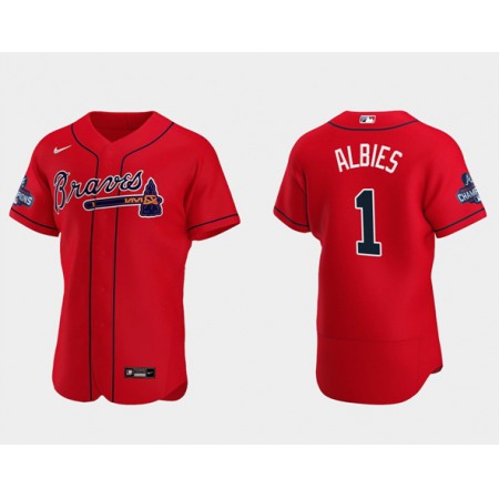 Men's Atlanta Braves #1 Ozzie Albies 2021 Red World Series Champions Flex Base Stitched Jersey