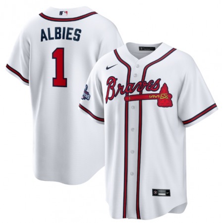 Men's Atlanta Braves #1 Ozzie Albies 2021 White World Series Champions Cool Base Stitched Jersey