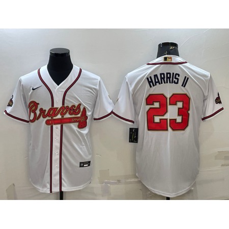 Men's Atlanta Braves #23 Michael Harris ii White/Gold World Series Champions Program Cool Base Stitched Baseball Jersey