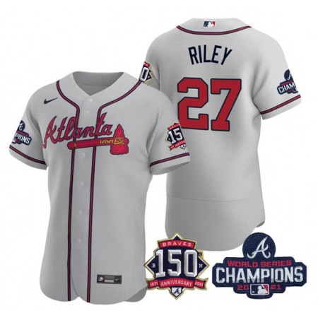 Men's Atlanta Braves #27 Austin Riley 2021 Grey World Series Champions With 150th Anniversary Flex Base Stitched Jersey