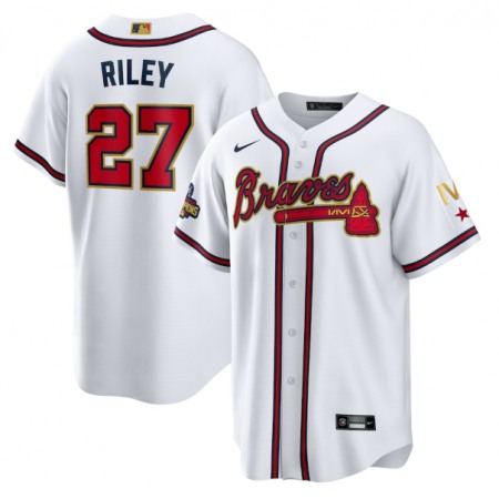Men's Atlanta Braves #27 Austin Riley 2022 White/Gold World Series Champions Program Cool Base Stitched Baseball Jersey