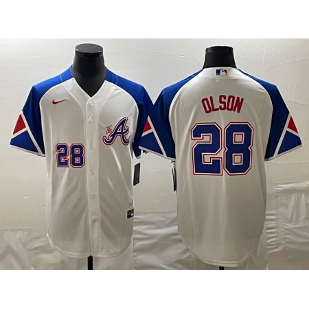 Men's Atlanta Braves #28 Matt Olson White 2023 City Connect Cool Base With Patch Stitched Baseball Jersey