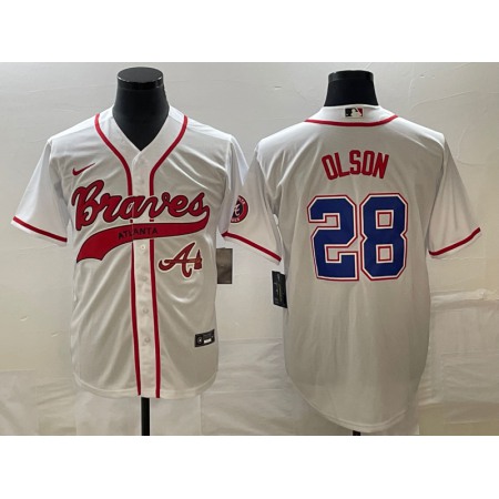 Men's Atlanta Braves #28 Matt Olson White Cool Base With Patch Stitched Baseball Jersey