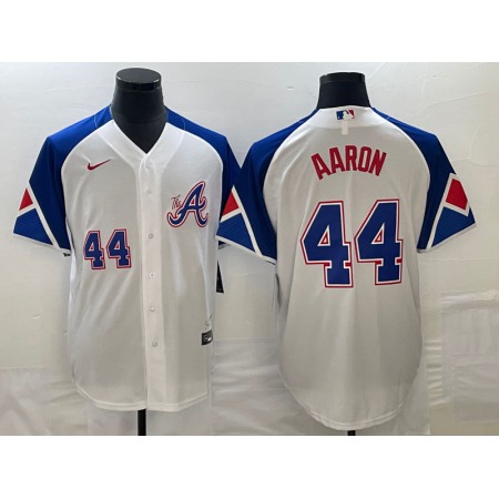 Men's Atlanta Braves #44 Hank Aaron White 2023 City Connect Cool Base With Patch Stitched Baseball Jersey