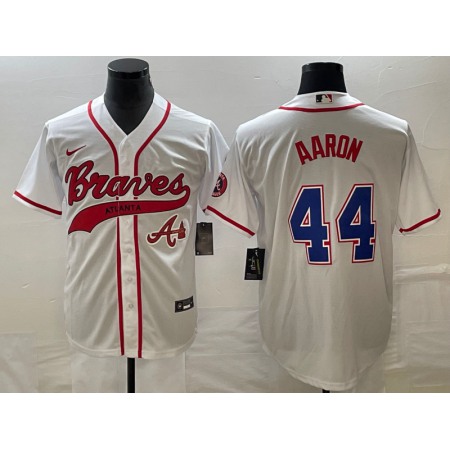 Men's Atlanta Braves #44 Hank Aaron White Cool Base With Patch Stitched Baseball Jersey