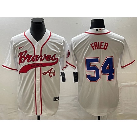 Men's Atlanta Braves #54 Max Fried White Cool Base With Patch Stitched Baseball Jersey