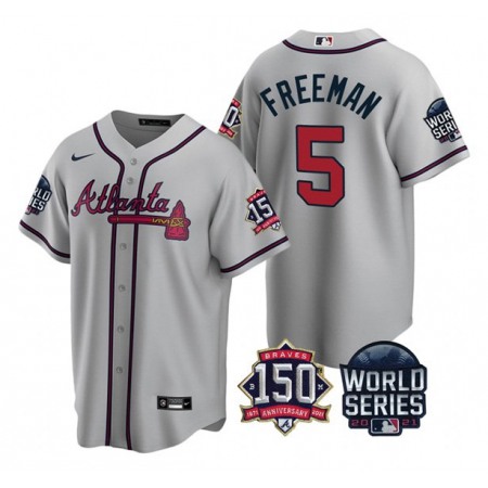 Men's Atlanta Braves #5 Freddie Freeman 2021 Gray World Series With 150th Anniversary Patch Cool Base Stitched Jersey