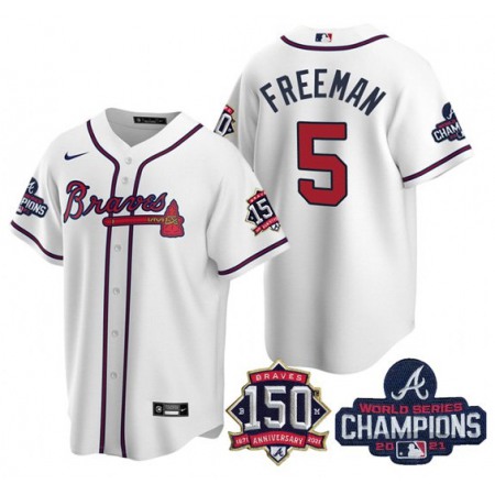 Men's Atlanta Braves #5 Freddie Freeman 2021 White World Series Champions With 150th Anniversary Patch Cool Base Stitched Jersey