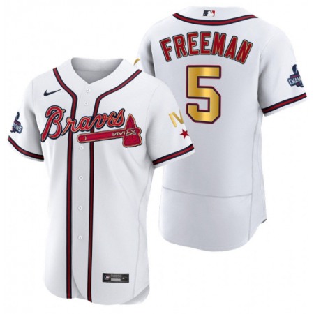 Men's Atlanta Braves #5 Freddie Freeman White Gold World Series Champions Flex Base Stitched Jersey