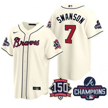 Men's Atlanta Braves #7 Dansby Swanson 2021 Cream World Series Champions With 150th Anniversary Patch Cool Base Stitched Jersey