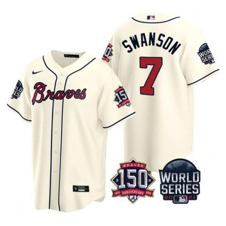 Men's Atlanta Braves #7 Dansby Swanson 2021 Cream World Series With 150th Anniversary Patch Cool Base Stitched Jersey
