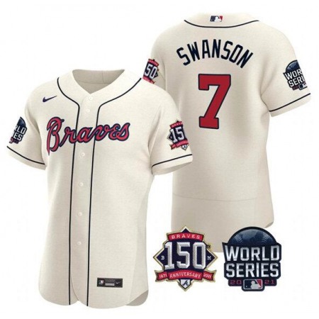 Men's Atlanta Braves #7 Dansby Swanson 2021 Cream World Series With 150th Anniversary Patch Stitched Baseball Jersey