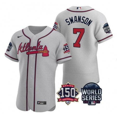 Men's Atlanta Braves #7 Dansby Swanson 2021 Gray World Series With 150th Anniversary Patch Stitched Baseball Jersey
