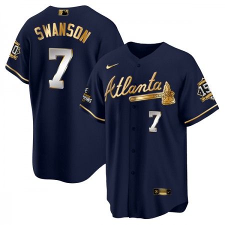 Men's Atlanta Braves #7 Dansby Swanson 2021 Navy/Gold World Series Champions With 150th Anniversary Patch Cool Base Stitched Jersey
