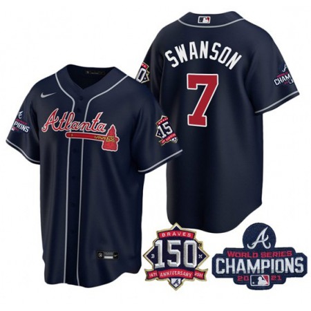Men's Atlanta Braves #7 Dansby Swanson 2021 Navy World Series Champions With 150th Anniversary Patch Cool Base Stitched Jersey