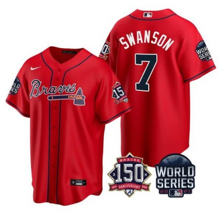Men's Atlanta Braves #7 Dansby Swanson 2021 Red World Series With 150th Anniversary Patch Cool Base Stitched Jersey
