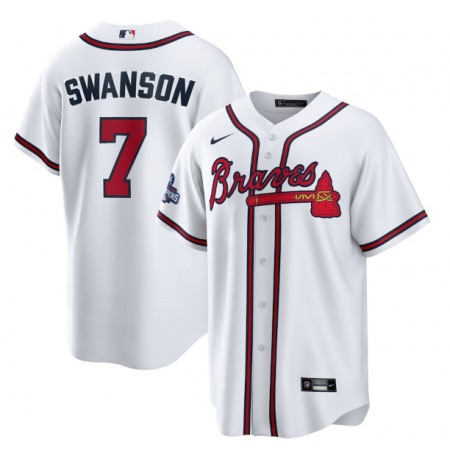 Men's Atlanta Braves #7 Dansby Swanson 2021 White World Series Champions Cool Base Stitched Jersey