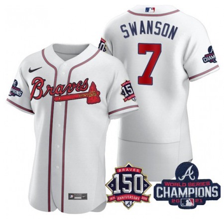 Men's Atlanta Braves #7 Dansby Swanson 2021 White World Series Champions With 150th Anniversary Flex Base Stitched Jersey