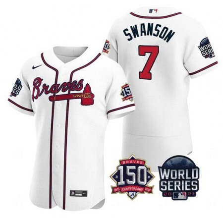 Men's Atlanta Braves #7 Dansby Swanson 2021 White World Series With 150th Anniversary Patch Stitched Baseball Jersey